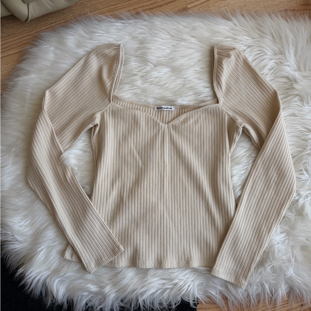 Reformation Cream Ribbed Knit Top